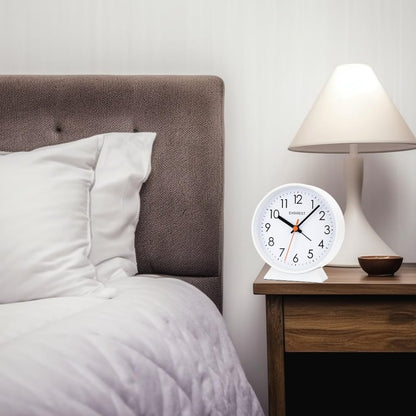 No Ticking Silent Alarm Clock,Easy to Read and Use,Ascending Sound,1 AA Battery Operated,Snooze Light,Bedside Desk Clock,White