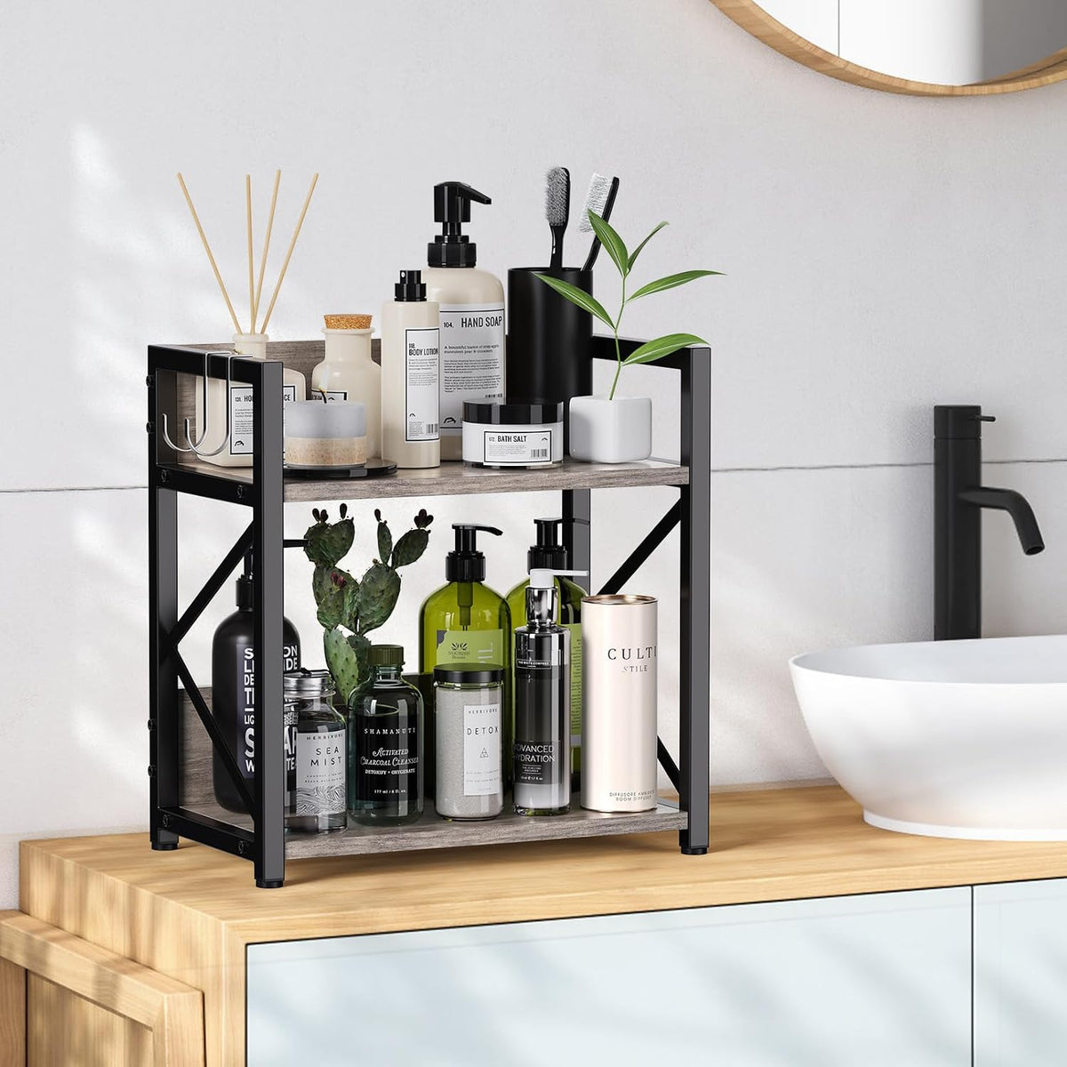 2 Tier Kitchen Counter Shelf Organizer, Coffee Bar Station Organizer for Countertop，Space Saving Spice Rack, Desk Shelf Riser, Coffee Bar Accessories(Rustic Brown, Medium)