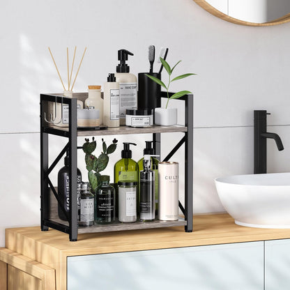 2 Tier Kitchen Counter Shelf Organizer, Coffee Bar Station Organizer for Countertop，Space Saving Spice Rack, Desk Shelf Riser, Coffee Bar Accessories(Rustic Brown, Medium)
