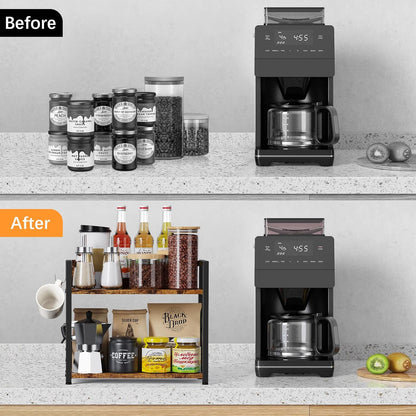 2 Tier Kitchen Counter Shelf Organizer, Coffee Bar Station Organizer for Countertop，Space Saving Spice Rack, Desk Shelf Riser, Coffee Bar Accessories(Rustic Brown, Medium)