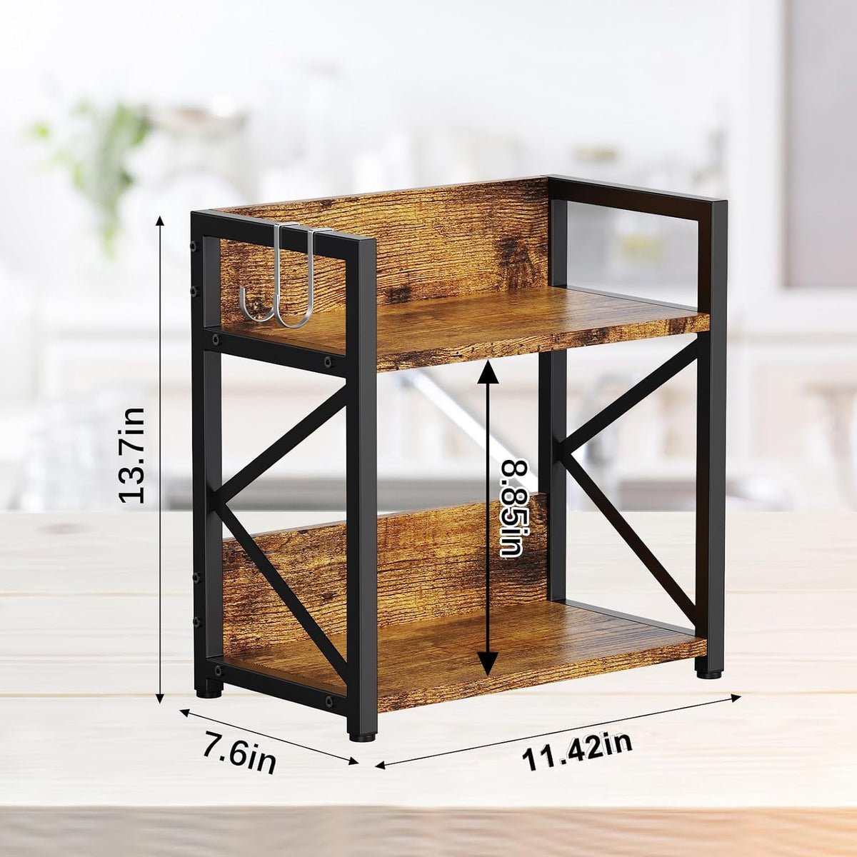 2 Tier Kitchen Counter Shelf Organizer, Coffee Bar Station Organizer for Countertop，Space Saving Spice Rack, Desk Shelf Riser, Coffee Bar Accessories(Rustic Brown, Medium)