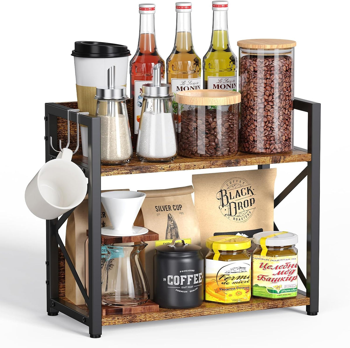 2 Tier Kitchen Counter Shelf Organizer, Coffee Bar Station Organizer for Countertop，Space Saving Spice Rack, Desk Shelf Riser, Coffee Bar Accessories(Rustic Brown, Medium)