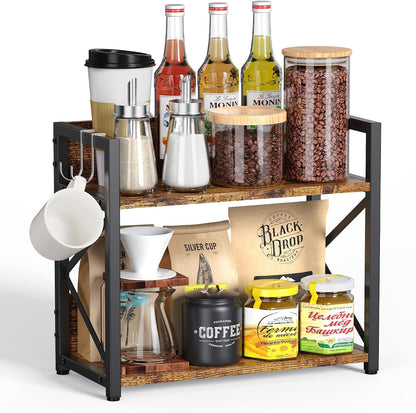 2 Tier Kitchen Counter Shelf Organizer, Coffee Bar Station Organizer for Countertop，Space Saving Spice Rack, Desk Shelf Riser, Coffee Bar Accessories(Rustic Brown, Medium)
