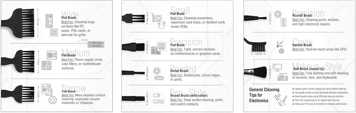 Electronics, Computers, 3D Printers, Anti Static Brush Tool Cleaning Kit - Set of 10 Brushes (Electrostatic Discharge) with Zipper Pouch for Storage - Black Zipper