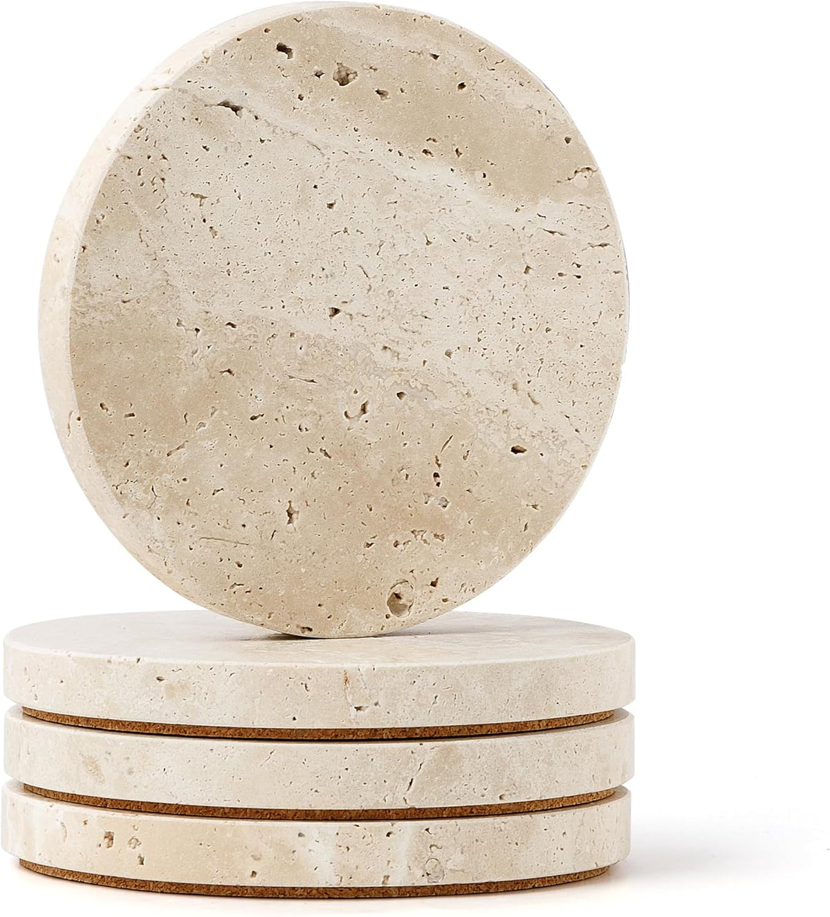 Natural Travertine Marble Coasters Set of 4-4" Round Stone Drink Coasters, Non-Slip Cork Backing, Housewarming Gift, Wedding, Protect Tables from Stains & Scratches (BD140)