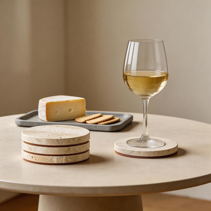 Natural Travertine Marble Coasters Set of 4-4" Round Stone Drink Coasters, Non-Slip Cork Backing, Housewarming Gift, Wedding, Protect Tables from Stains & Scratches (BD140)