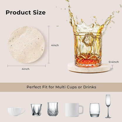 Natural Travertine Marble Coasters Set of 4-4" Round Stone Drink Coasters, Non-Slip Cork Backing, Housewarming Gift, Wedding, Protect Tables from Stains & Scratches (BD140)