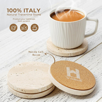Natural Travertine Marble Coasters Set of 4-4" Round Stone Drink Coasters, Non-Slip Cork Backing, Housewarming Gift, Wedding, Protect Tables from Stains & Scratches (BD140)