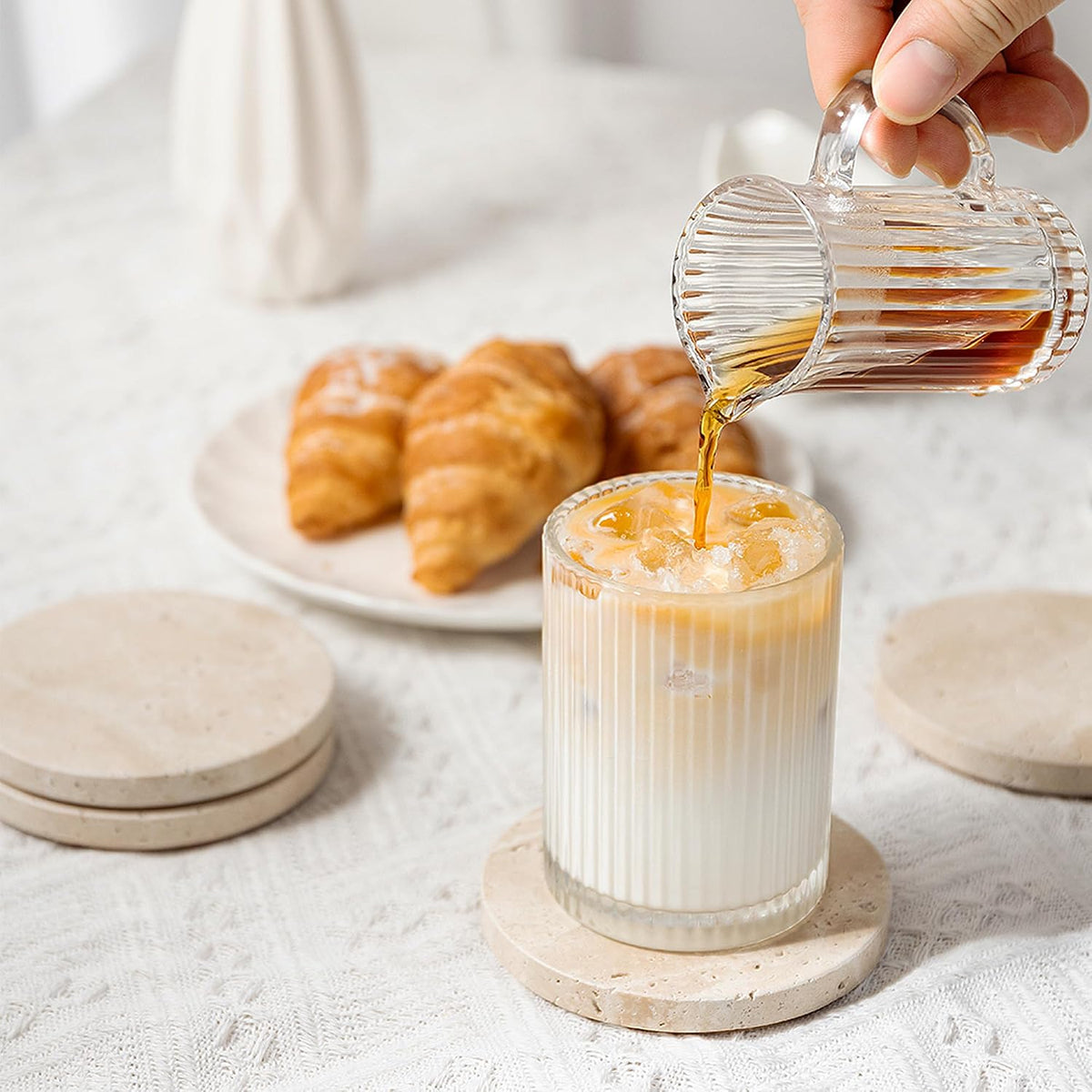 Natural Travertine Marble Coasters Set of 4-4" Round Stone Drink Coasters, Non-Slip Cork Backing, Housewarming Gift, Wedding, Protect Tables from Stains & Scratches (BD140)