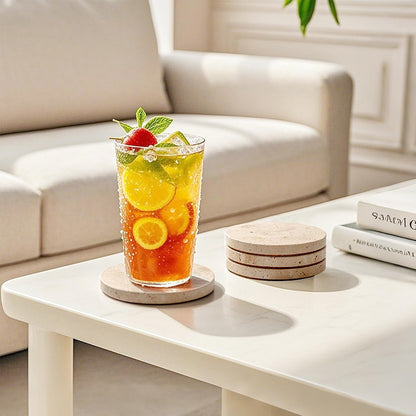 Natural Travertine Marble Coasters Set of 4-4" Round Stone Drink Coasters, Non-Slip Cork Backing, Housewarming Gift, Wedding, Protect Tables from Stains & Scratches (BD140)