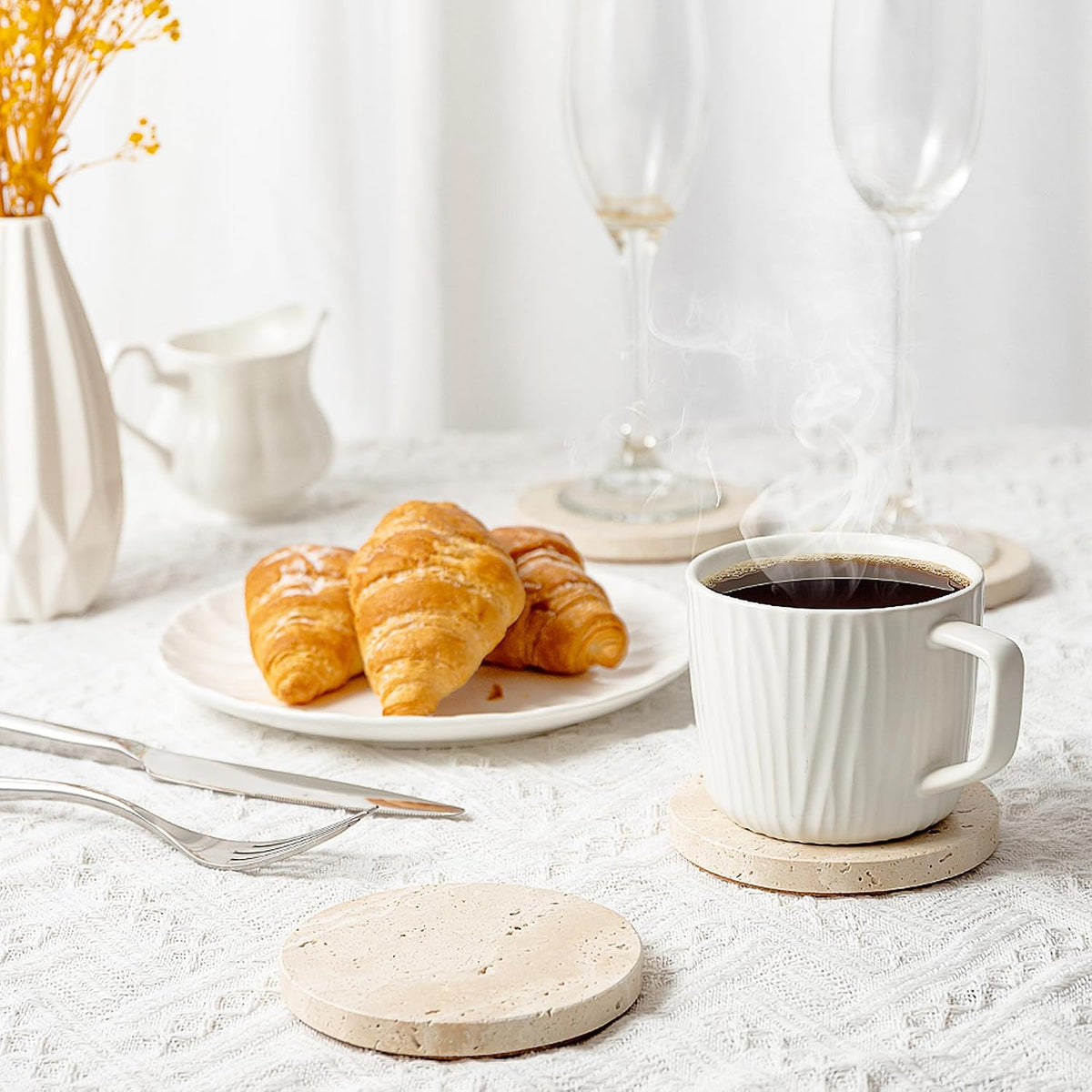 Natural Travertine Marble Coasters Set of 4-4" Round Stone Drink Coasters, Non-Slip Cork Backing, Housewarming Gift, Wedding, Protect Tables from Stains & Scratches (BD140)
