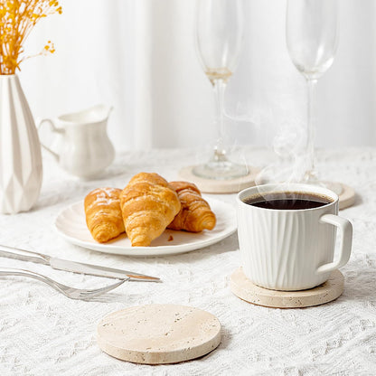 Natural Travertine Marble Coasters Set of 4-4" Round Stone Drink Coasters, Non-Slip Cork Backing, Housewarming Gift, Wedding, Protect Tables from Stains & Scratches (BD140)