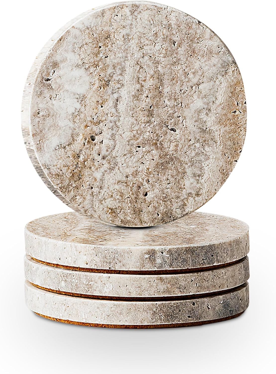 Natural Travertine Marble Coasters Set of 4-4" Round Stone Drink Coasters, Non-Slip Cork Backing, Housewarming Gift, Wedding, Protect Tables from Stains & Scratches (BD140)