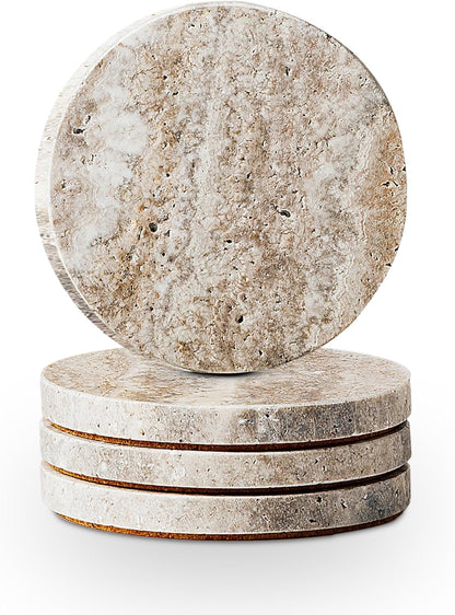Natural Travertine Marble Coasters Set of 4-4" Round Stone Drink Coasters, Non-Slip Cork Backing, Housewarming Gift, Wedding, Protect Tables from Stains & Scratches (BD140)