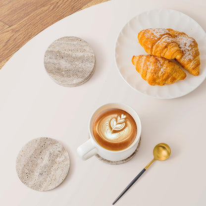 Natural Travertine Marble Coasters Set of 4-4" Round Stone Drink Coasters, Non-Slip Cork Backing, Housewarming Gift, Wedding, Protect Tables from Stains & Scratches (BD140)