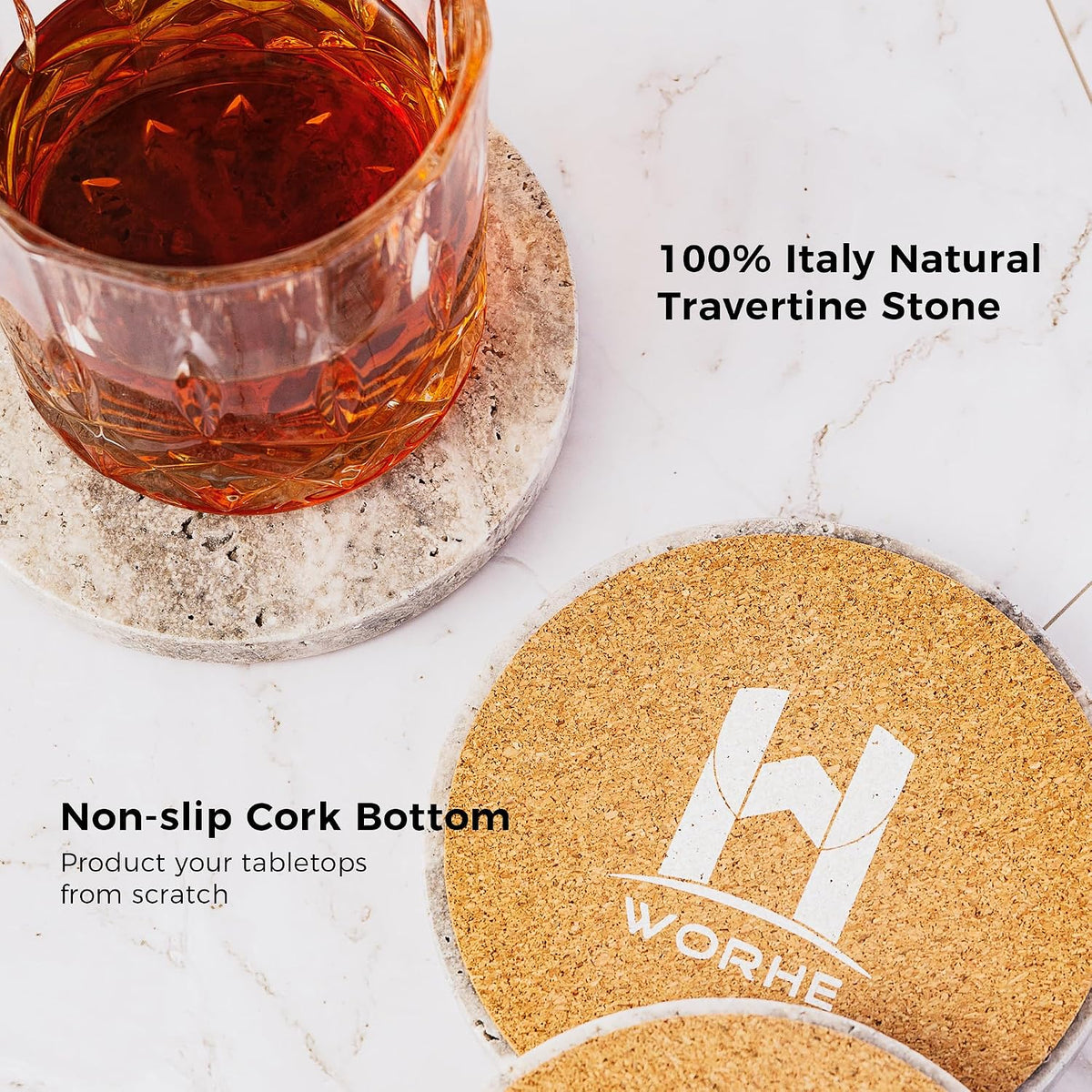 Natural Travertine Marble Coasters Set of 4-4" Round Stone Drink Coasters, Non-Slip Cork Backing, Housewarming Gift, Wedding, Protect Tables from Stains & Scratches (BD140)