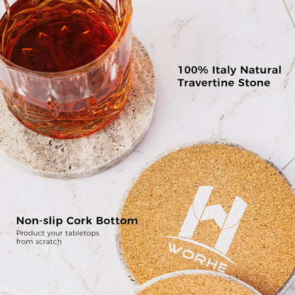 Natural Travertine Marble Coasters Set of 4-4" Round Stone Drink Coasters, Non-Slip Cork Backing, Housewarming Gift, Wedding, Protect Tables from Stains & Scratches (BD140)