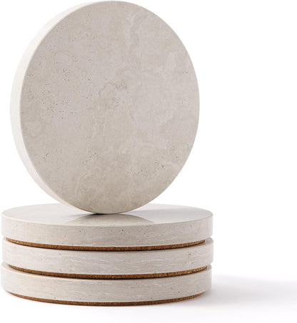 Natural Travertine Marble Coasters Set of 4-4" Round Stone Drink Coasters, Non-Slip Cork Backing, Housewarming Gift, Wedding, Protect Tables from Stains & Scratches (BD140)