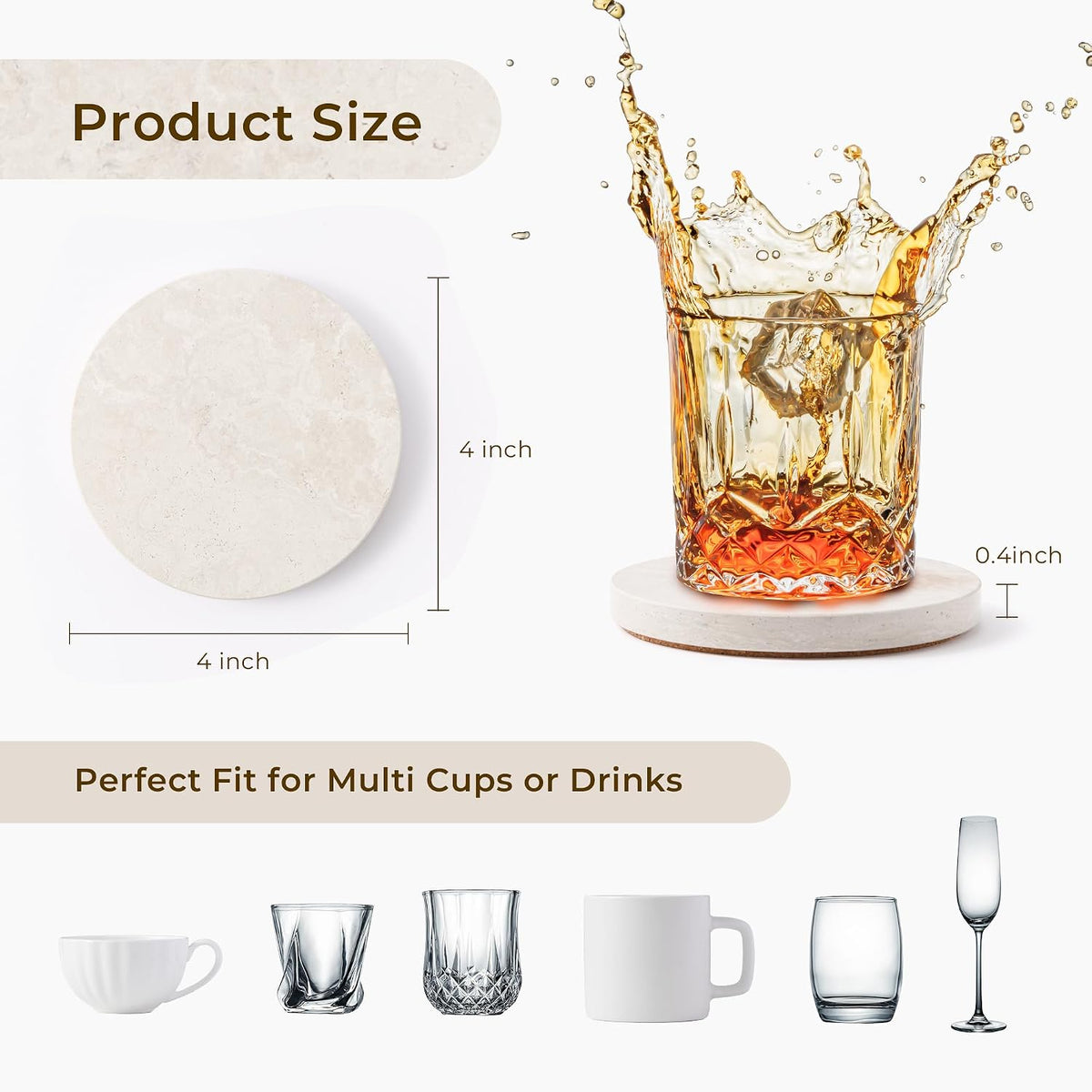 Natural Travertine Marble Coasters Set of 4-4" Round Stone Drink Coasters, Non-Slip Cork Backing, Housewarming Gift, Wedding, Protect Tables from Stains & Scratches (BD140)