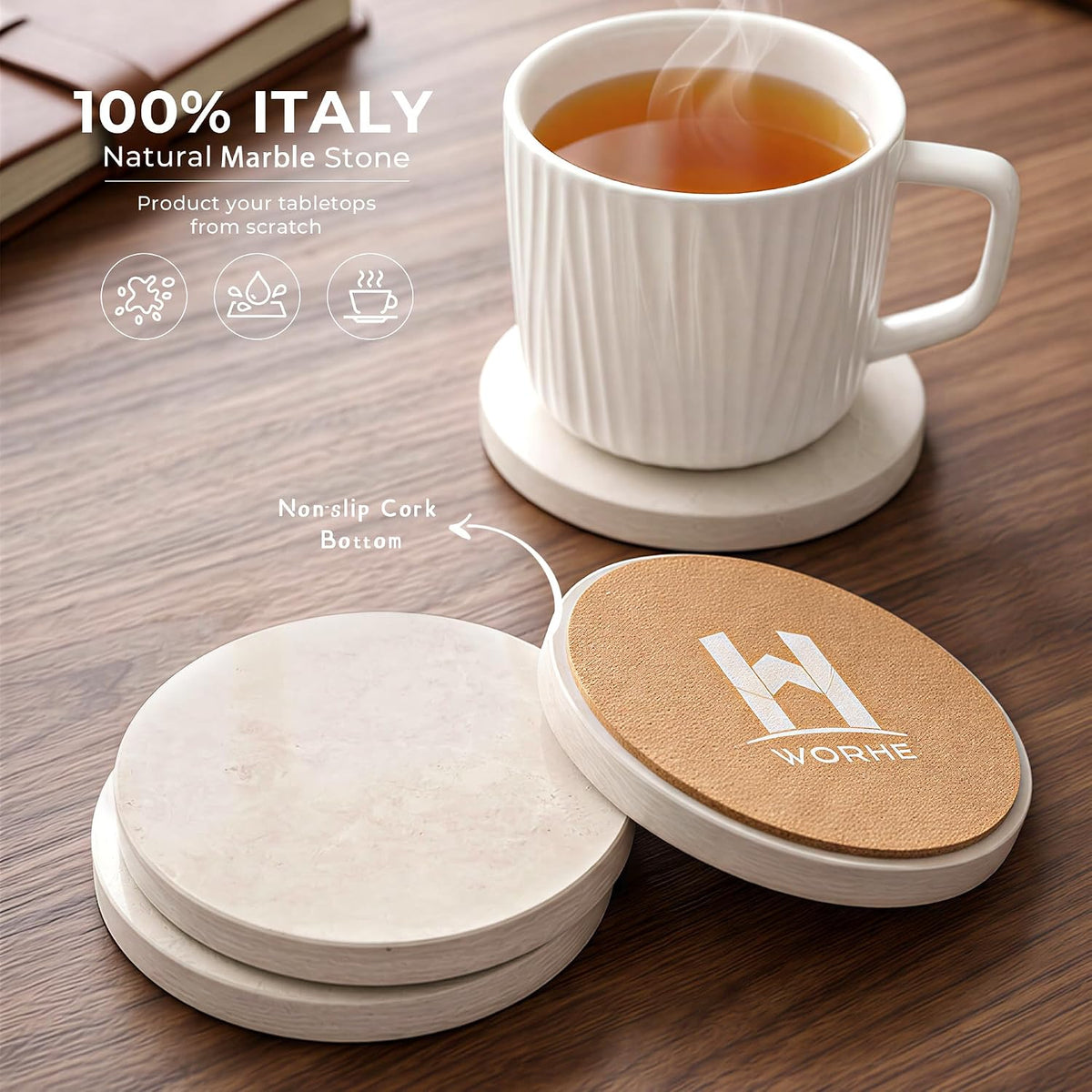 Natural Travertine Marble Coasters Set of 4-4" Round Stone Drink Coasters, Non-Slip Cork Backing, Housewarming Gift, Wedding, Protect Tables from Stains & Scratches (BD140)