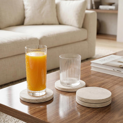 Natural Travertine Marble Coasters Set of 4-4" Round Stone Drink Coasters, Non-Slip Cork Backing, Housewarming Gift, Wedding, Protect Tables from Stains & Scratches (BD140)
