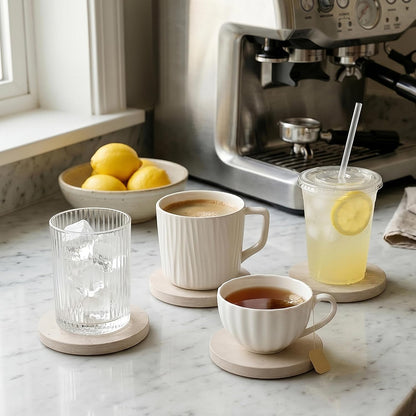 Natural Travertine Marble Coasters Set of 4-4" Round Stone Drink Coasters, Non-Slip Cork Backing, Housewarming Gift, Wedding, Protect Tables from Stains & Scratches (BD140)