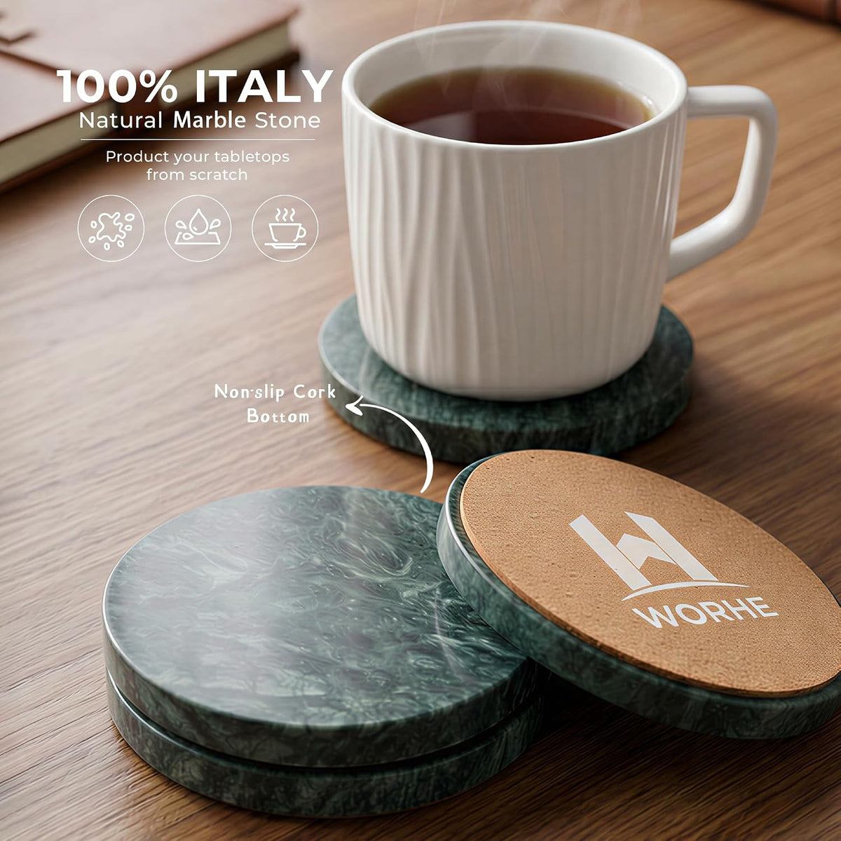 Natural Travertine Marble Coasters Set of 4-4" Round Stone Drink Coasters, Non-Slip Cork Backing, Housewarming Gift, Wedding, Protect Tables from Stains & Scratches (BD140)