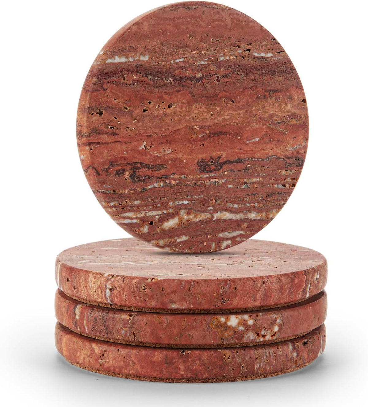 Natural Travertine Marble Coasters Set of 4-4" Round Stone Drink Coasters, Non-Slip Cork Backing, Housewarming Gift, Wedding, Protect Tables from Stains & Scratches (BD140)