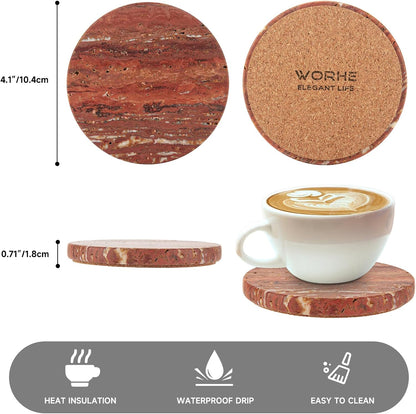 Natural Travertine Marble Coasters Set of 4-4" Round Stone Drink Coasters, Non-Slip Cork Backing, Housewarming Gift, Wedding, Protect Tables from Stains & Scratches (BD140)
