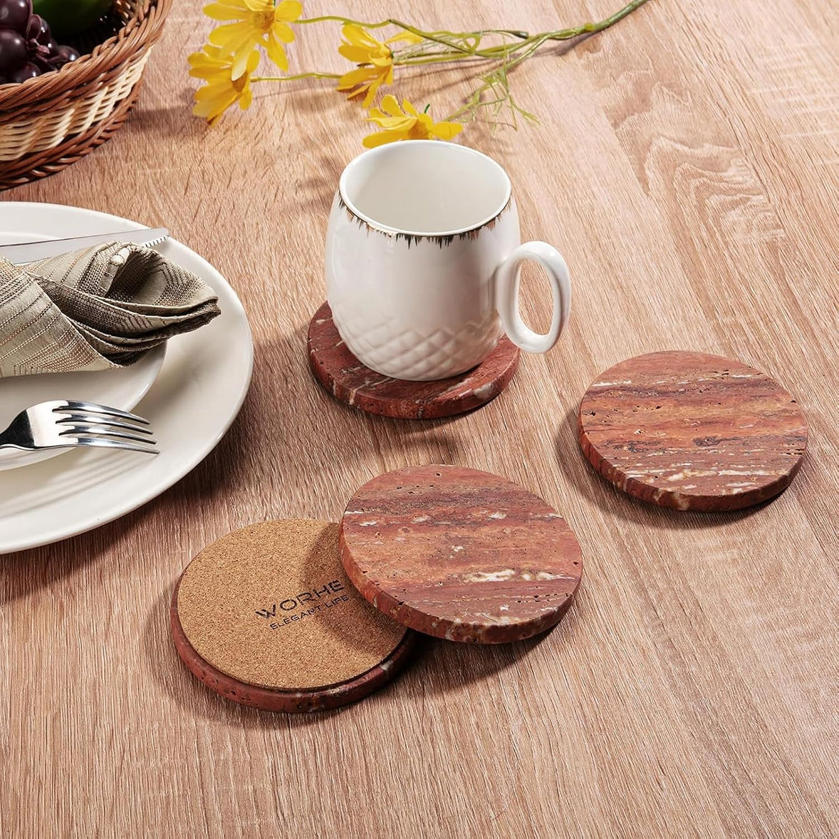 Natural Travertine Marble Coasters Set of 4-4" Round Stone Drink Coasters, Non-Slip Cork Backing, Housewarming Gift, Wedding, Protect Tables from Stains & Scratches (BD140)