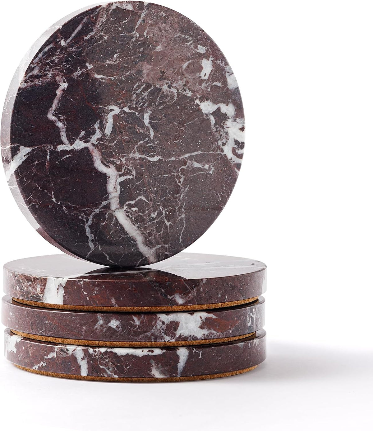 Natural Travertine Marble Coasters Set of 4-4" Round Stone Drink Coasters, Non-Slip Cork Backing, Housewarming Gift, Wedding, Protect Tables from Stains & Scratches (BD140)