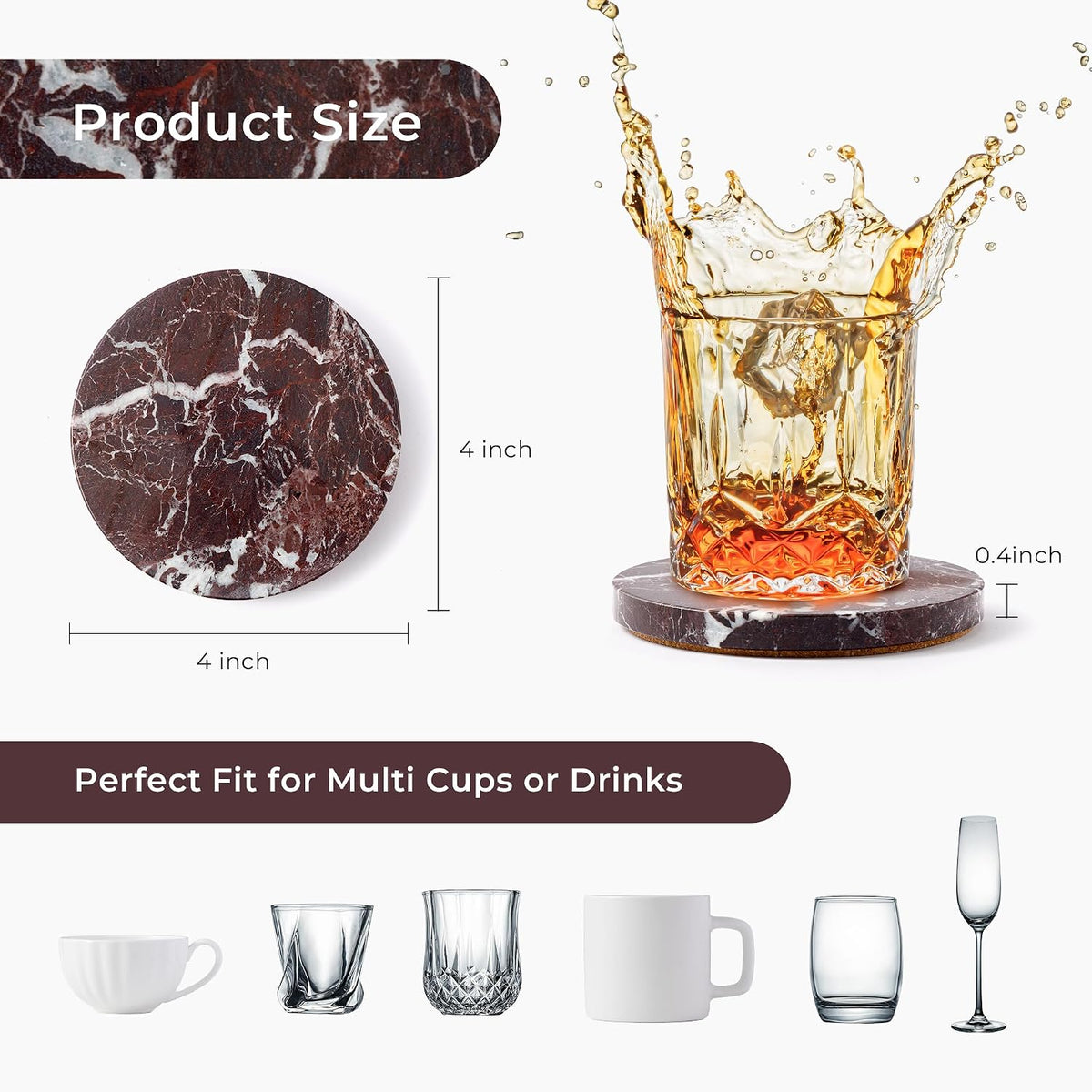 Natural Travertine Marble Coasters Set of 4-4" Round Stone Drink Coasters, Non-Slip Cork Backing, Housewarming Gift, Wedding, Protect Tables from Stains & Scratches (BD140)