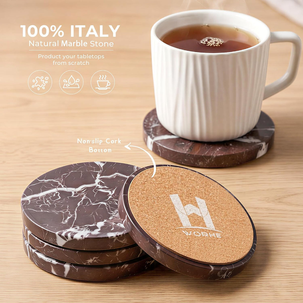 Natural Travertine Marble Coasters Set of 4-4" Round Stone Drink Coasters, Non-Slip Cork Backing, Housewarming Gift, Wedding, Protect Tables from Stains & Scratches (BD140)