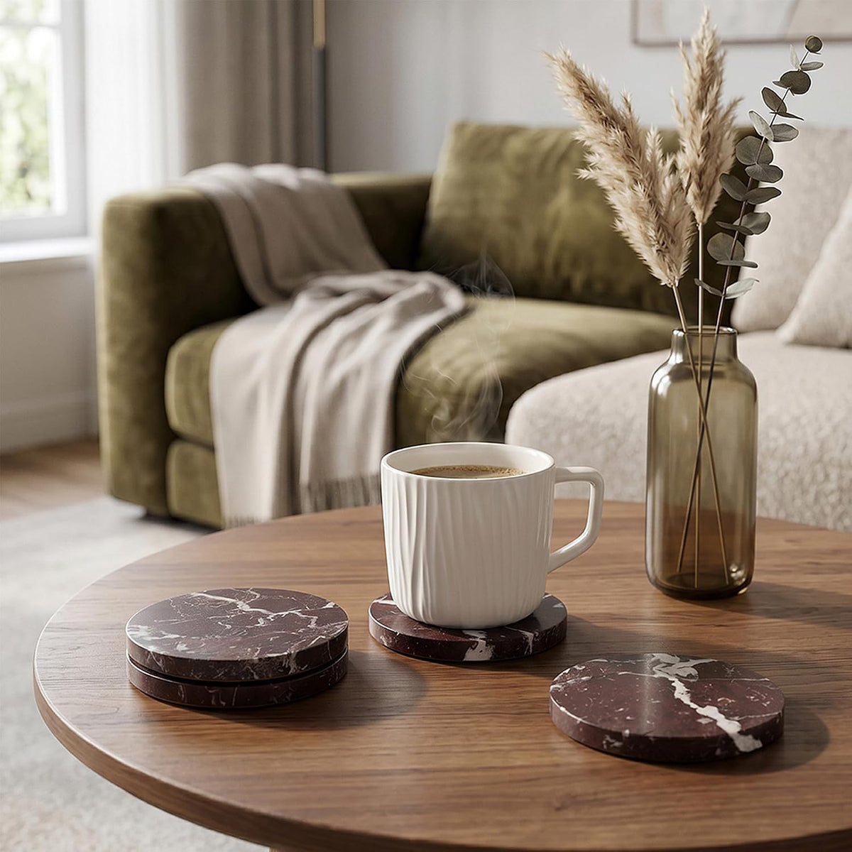 Natural Travertine Marble Coasters Set of 4-4" Round Stone Drink Coasters, Non-Slip Cork Backing, Housewarming Gift, Wedding, Protect Tables from Stains & Scratches (BD140)