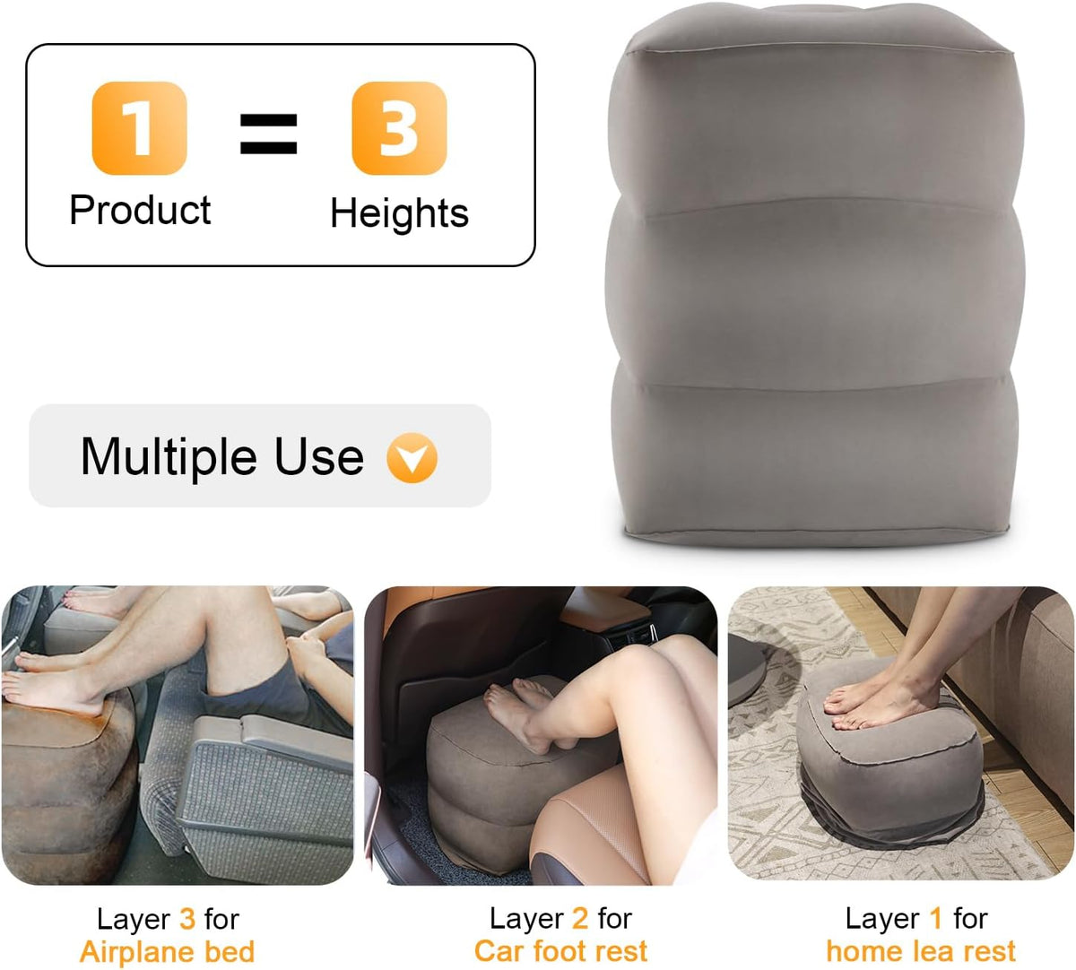 Inflatable Travel Foot Rest Pillow, Kids Airplane Bed, Adjustable Height Leg Pillow for Air Travel, Make a Flat Bed for Kids and Toddlers, Great for Airplane, Train, car（Grey, ）