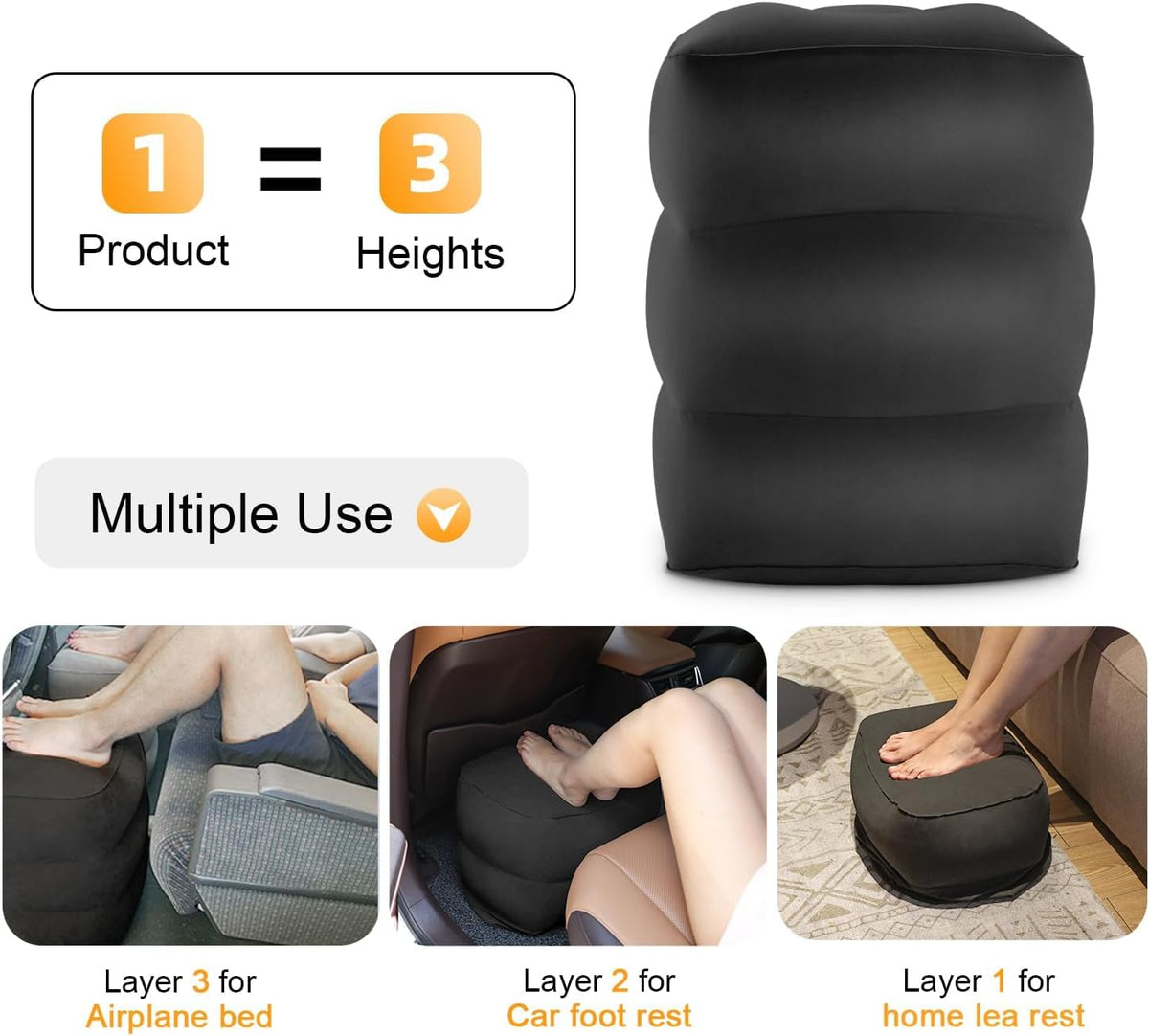Inflatable Travel Foot Rest Pillow, Kids Airplane Bed, Adjustable Height Leg Pillow for Air Travel, Make a Flat Bed for Kids and Toddlers, Great for Airplane, Train, car（Grey, ）