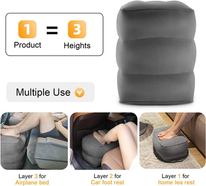 Inflatable Travel Foot Rest Pillow, Kids Airplane Bed, Adjustable Height Leg Pillow for Air Travel, Make a Flat Bed for Kids and Toddlers, Great for Airplane, Train, car（Grey, ）