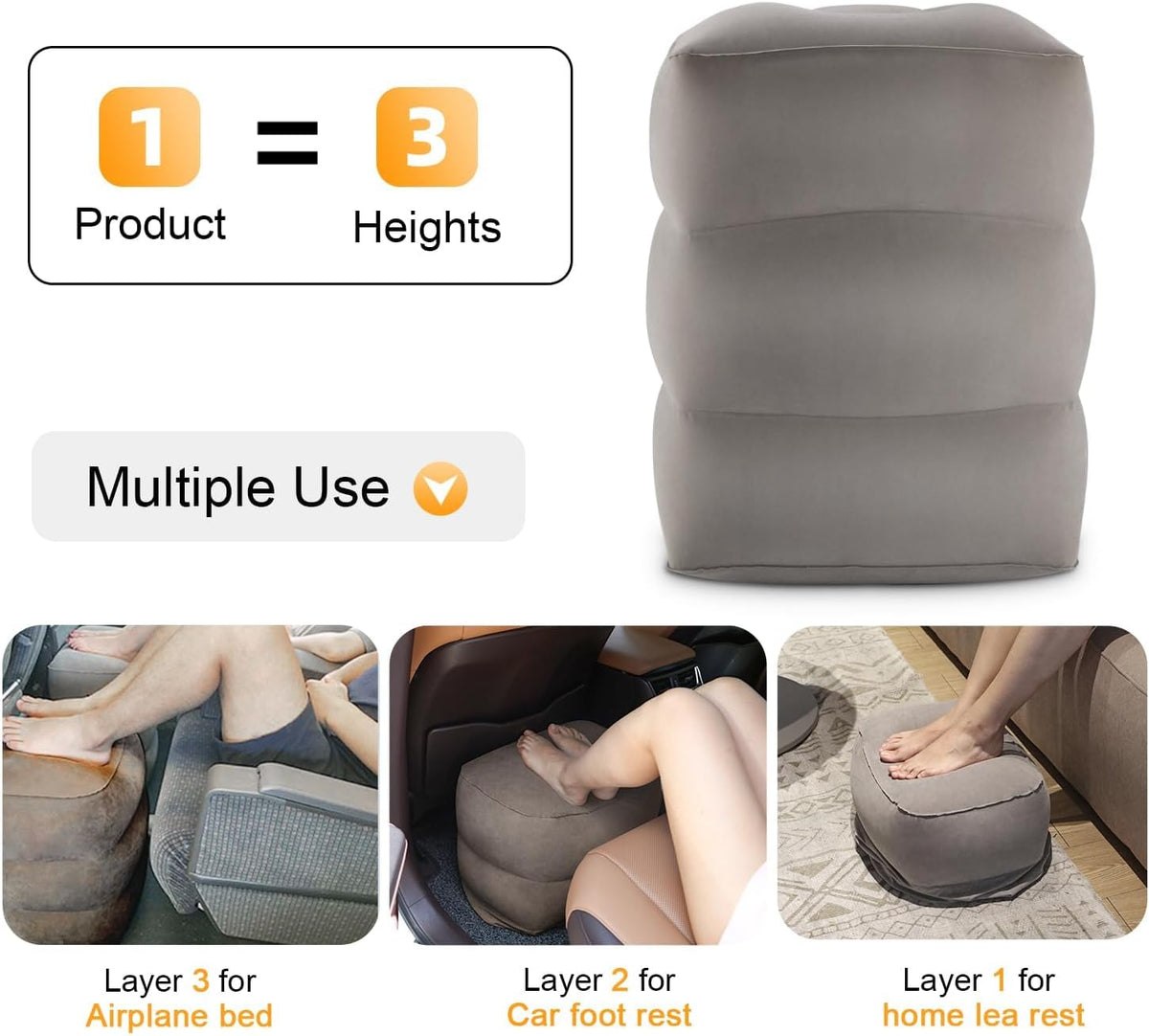 Inflatable Travel Foot Rest Pillow, Kids Airplane Bed, Adjustable Height Leg Pillow for Air Travel, Make a Flat Bed for Kids and Toddlers, Great for Airplane, Train, car（Grey, ）