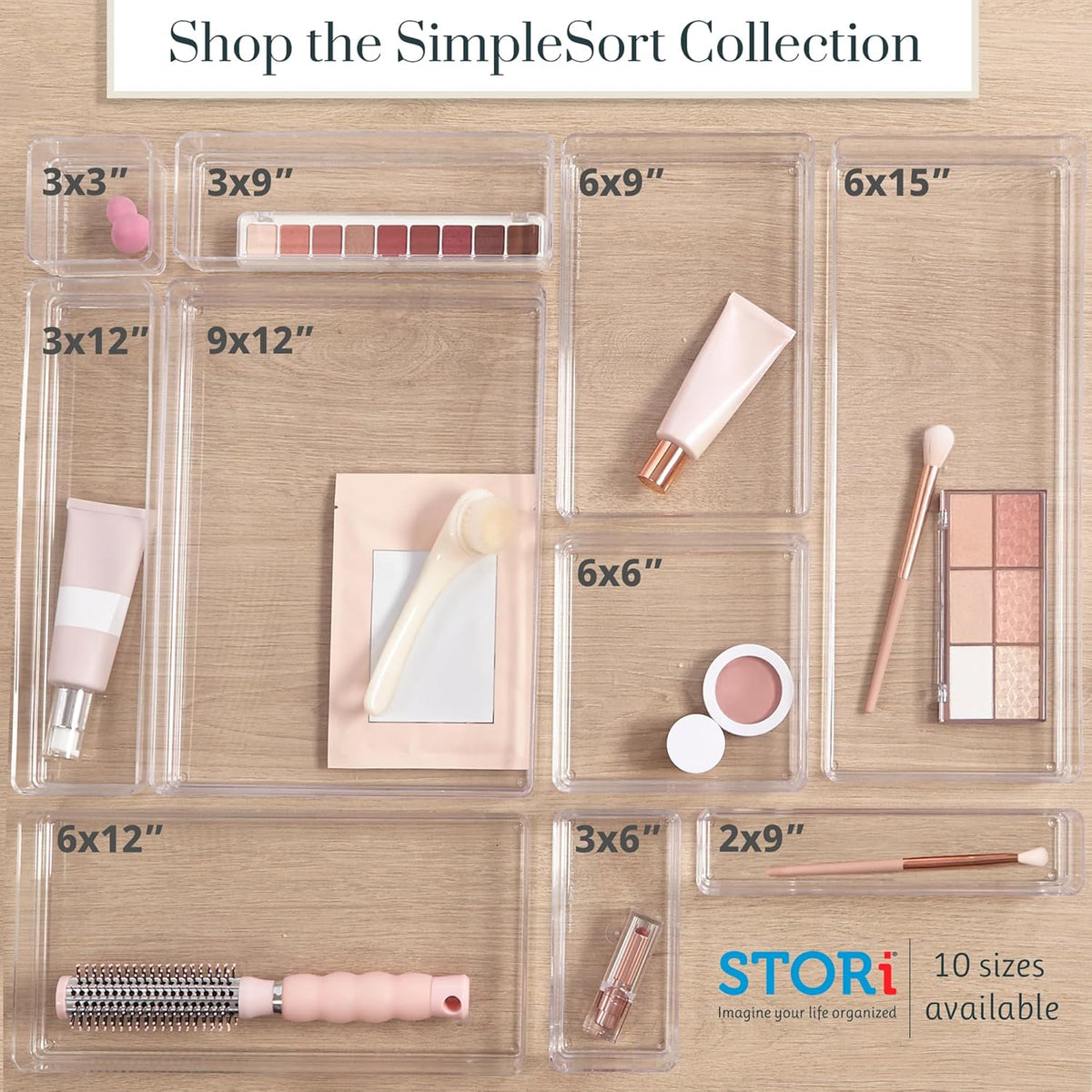 SimpleSort 6-Piece Stackable Clear Drawer Organizer Set | 12" x 3" x 2" Rectangle Trays | Narrow Makeup Vanity Storage Bins and Office Desk Drawer Dividers | Made in USA