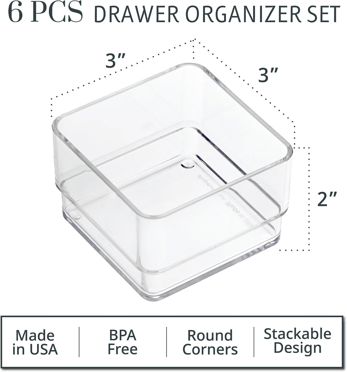 SimpleSort 6-Piece Stackable Clear Drawer Organizer Set | 12" x 3" x 2" Rectangle Trays | Narrow Makeup Vanity Storage Bins and Office Desk Drawer Dividers | Made in USA