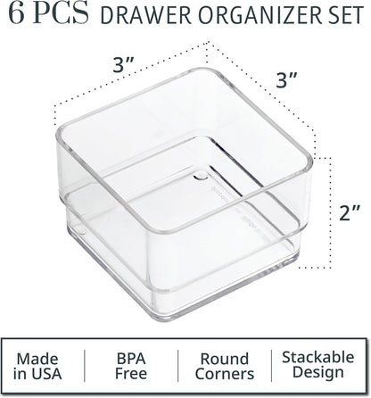 SimpleSort 6-Piece Stackable Clear Drawer Organizer Set | 12" x 3" x 2" Rectangle Trays | Narrow Makeup Vanity Storage Bins and Office Desk Drawer Dividers | Made in USA