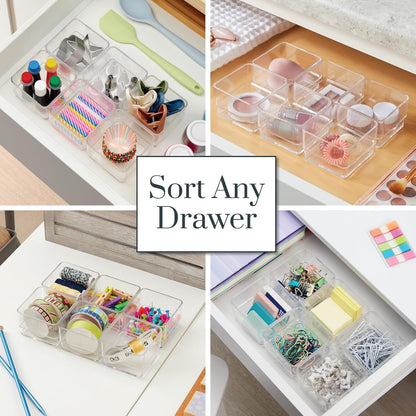 SimpleSort 6-Piece Stackable Clear Drawer Organizer Set | 12" x 3" x 2" Rectangle Trays | Narrow Makeup Vanity Storage Bins and Office Desk Drawer Dividers | Made in USA