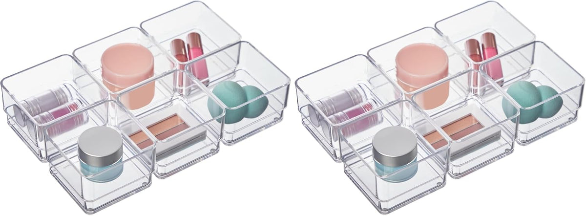 SimpleSort 6-Piece Stackable Clear Drawer Organizer Set | 12" x 3" x 2" Rectangle Trays | Narrow Makeup Vanity Storage Bins and Office Desk Drawer Dividers | Made in USA