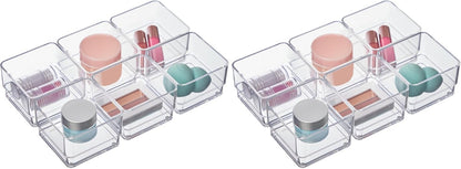 SimpleSort 6-Piece Stackable Clear Drawer Organizer Set | 12" x 3" x 2" Rectangle Trays | Narrow Makeup Vanity Storage Bins and Office Desk Drawer Dividers | Made in USA