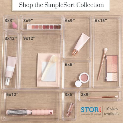 SimpleSort 6-Piece Stackable Clear Drawer Organizer Set | 12" x 3" x 2" Rectangle Trays | Narrow Makeup Vanity Storage Bins and Office Desk Drawer Dividers | Made in USA