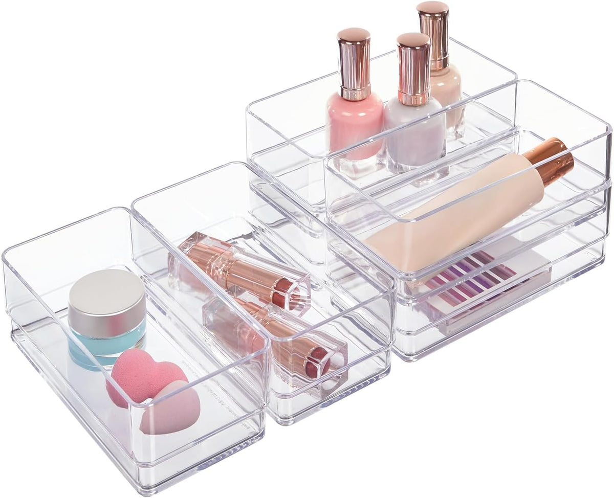 SimpleSort 6-Piece Stackable Clear Drawer Organizer Set | 12" x 3" x 2" Rectangle Trays | Narrow Makeup Vanity Storage Bins and Office Desk Drawer Dividers | Made in USA