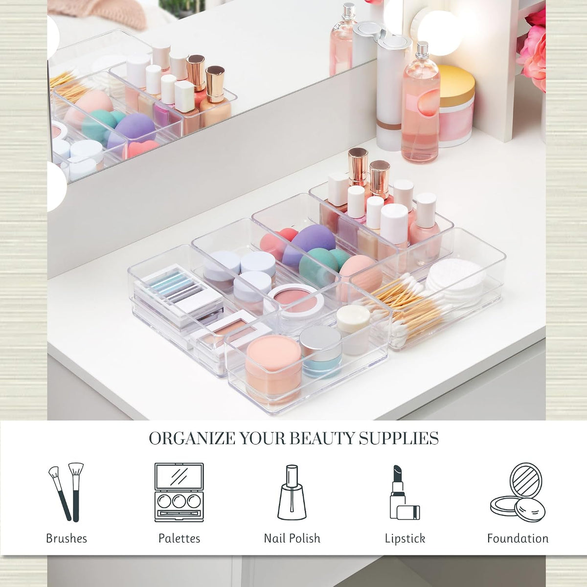 SimpleSort 6-Piece Stackable Clear Drawer Organizer Set | 12" x 3" x 2" Rectangle Trays | Narrow Makeup Vanity Storage Bins and Office Desk Drawer Dividers | Made in USA