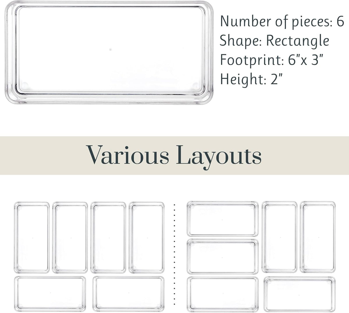 SimpleSort 6-Piece Stackable Clear Drawer Organizer Set | 12" x 3" x 2" Rectangle Trays | Narrow Makeup Vanity Storage Bins and Office Desk Drawer Dividers | Made in USA