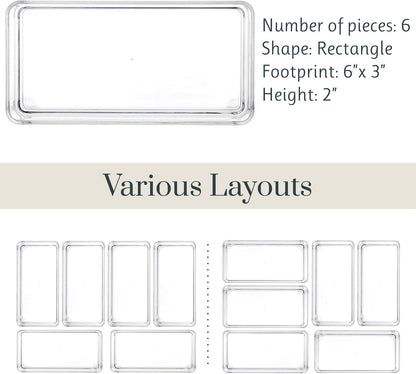 SimpleSort 6-Piece Stackable Clear Drawer Organizer Set | 12" x 3" x 2" Rectangle Trays | Narrow Makeup Vanity Storage Bins and Office Desk Drawer Dividers | Made in USA