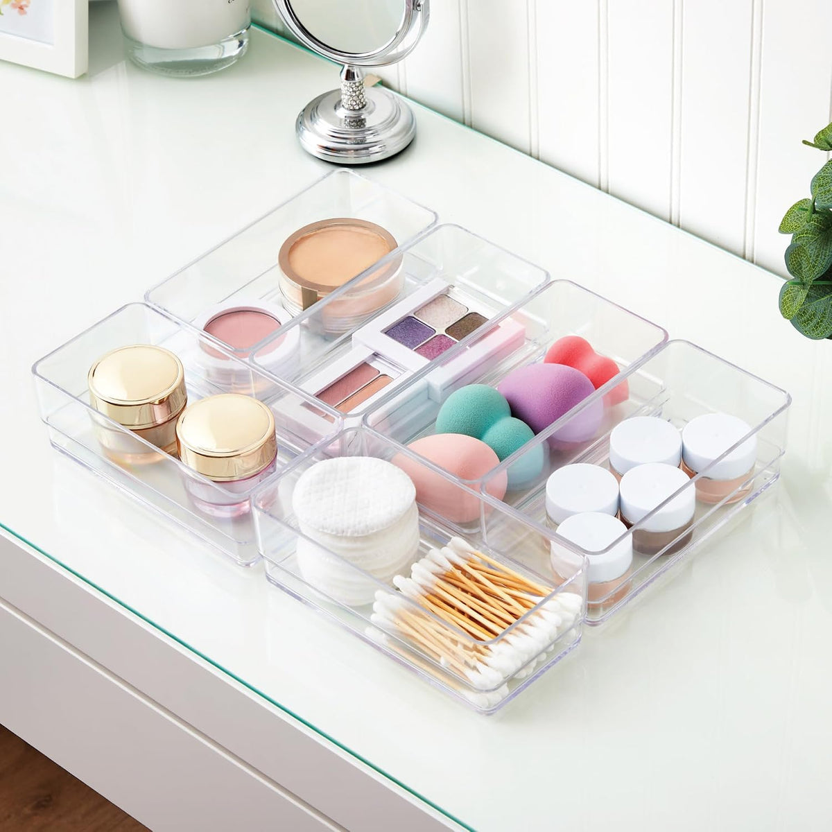 SimpleSort 6-Piece Stackable Clear Drawer Organizer Set | 12" x 3" x 2" Rectangle Trays | Narrow Makeup Vanity Storage Bins and Office Desk Drawer Dividers | Made in USA